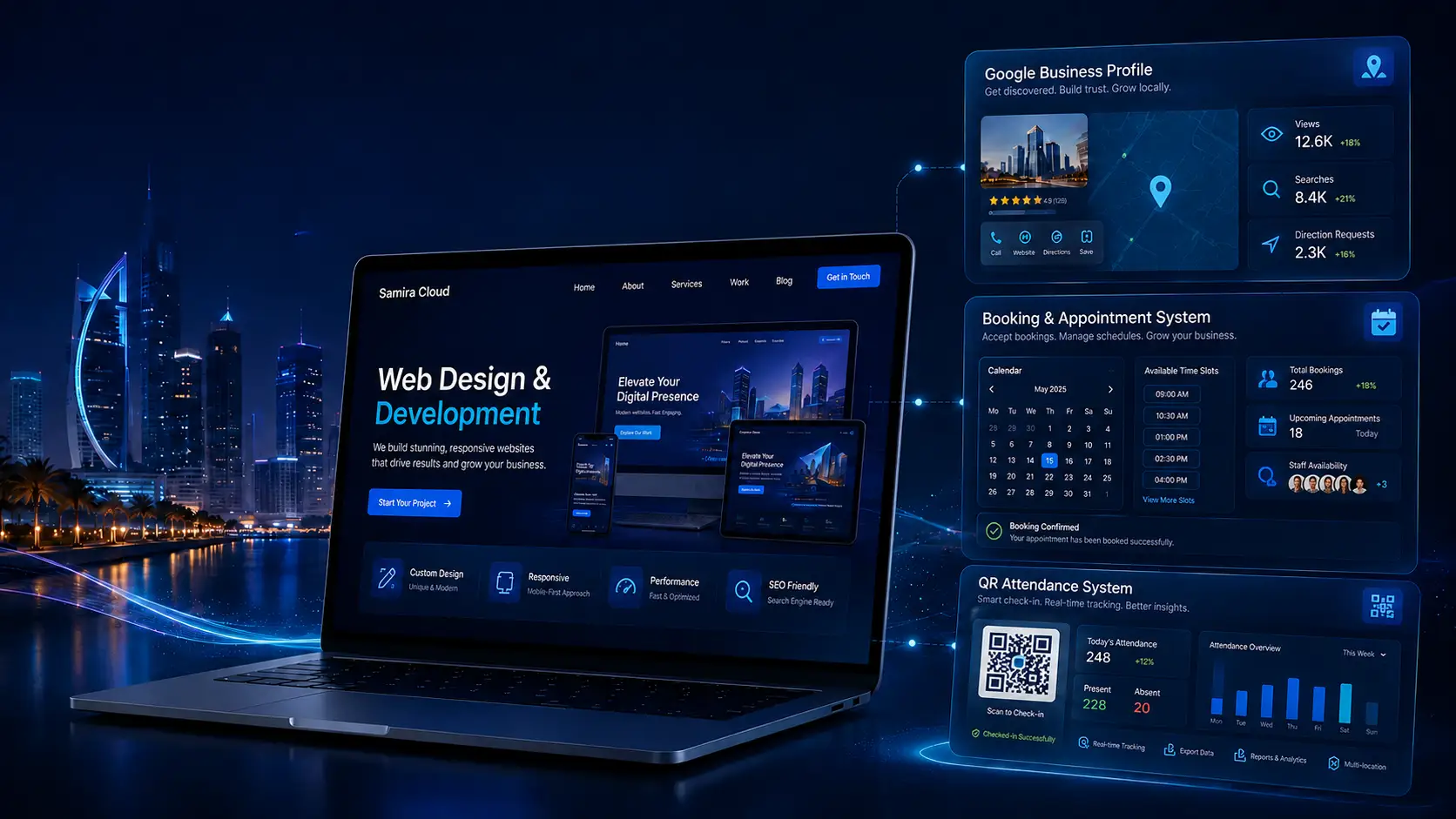 Samira Cloud services featuring web development, Google Business Profile, booking and appointment systems, and QR attendance solutions in Qatar